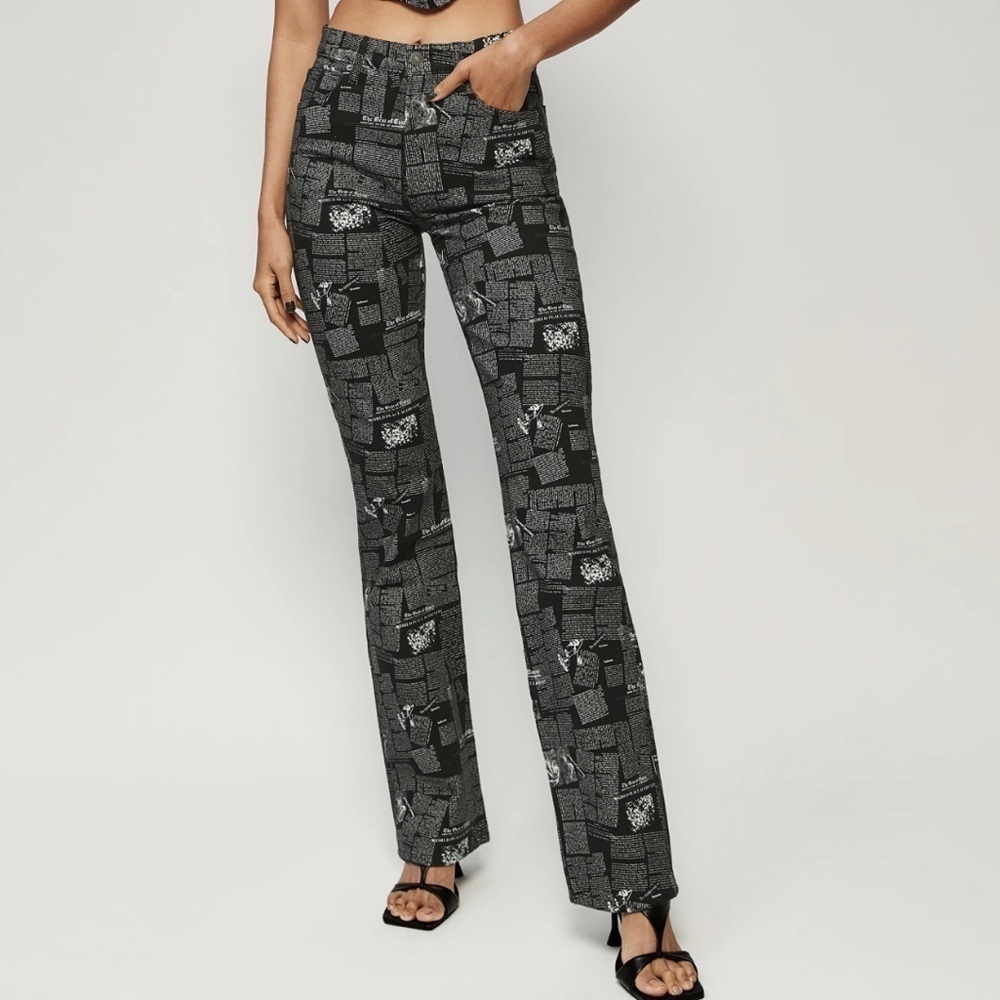 Trendy Newspaper Print “Reformation” Black and Gray Boot Cut Jeans